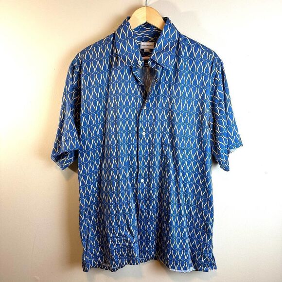 Maus & Hoffman VTG Blue Patterned Button Up Short Sleeve Shirt L Read - Picture 1 of 8